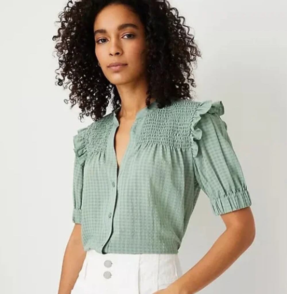 Ann Taylor Gingham Smocked Yoke Button Down Shirt Green XS